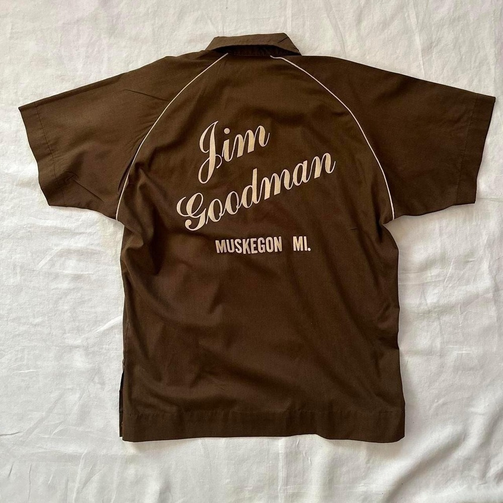 Vintage King Louie Brown Bowling Shirt Jim Goodman Muskegon MI Mens Medium